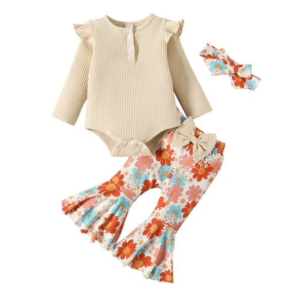 Ketyyh-chn99 Toddler Girls Outfit Tops Romper Floral Pants 3PCS Outfits Set Clothes 2024 Beige,12M