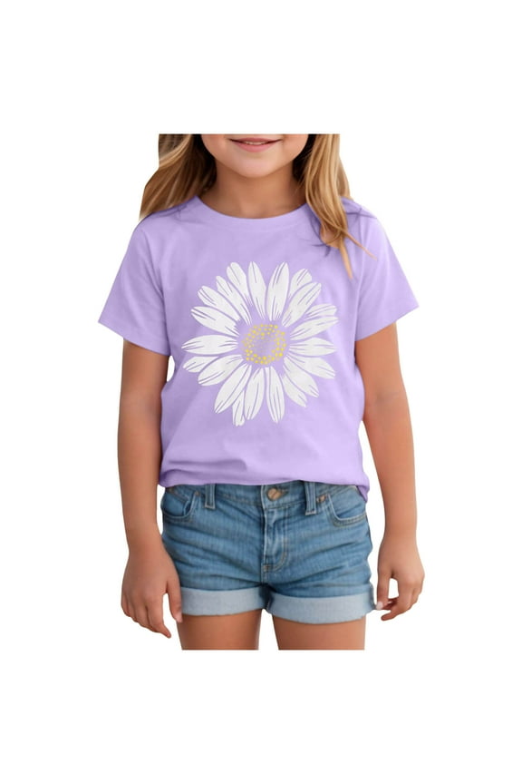 Toddler Graphic Tees Toddler Baby Girl Cute Summer T Shirt Floral Graphic Short Sleeve Tees Tops Casual Clothes Size for 3-4 Years,Purple