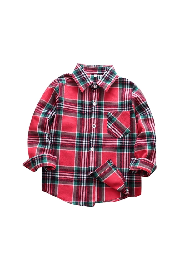 Toddler Kids Boys Girls Flannel Hooded Plaid Shirt Boys' Big Long Sleeve Collared Button-Down Dress Shirt Size for 5-6 Years,Red