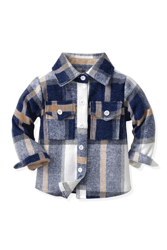 Toddler Kids Flannel Shirt Jacket Plaid Long Sleeve Lapel Button Down Shacket Baby Fall Christmas Coat for Boys Girls Blue,90