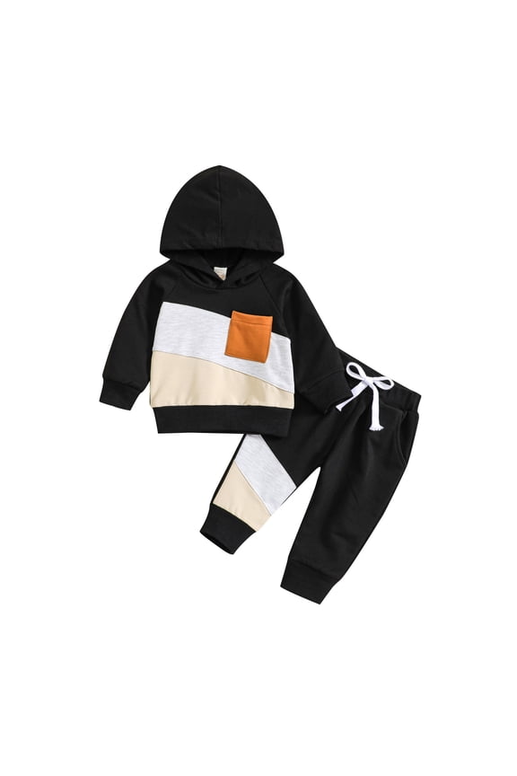 Toddler Suits For Boys Infant Baby Boys Pants Set Hooded Solid Sweatshirt Top Pocket Waist Pants 2Pcs Outfits Fall Winter Suit for 3-6 Months,Black