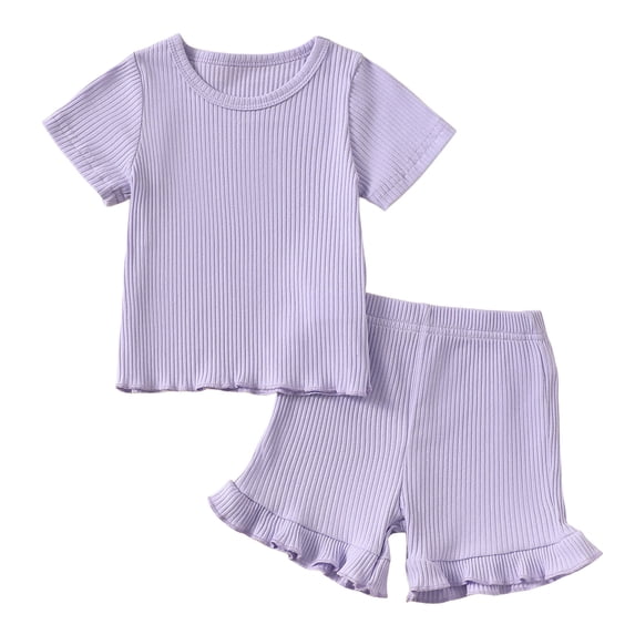 Ketyyh-chn99 Toddler Summer Outfits For Girls Toddler Baby Girl Summer Clothes Ribbed Knit Cotton Cute Summer Outfits Short Sleeves 2 Pieces Shorts Set 12M - 5T Size for 18-24 Months,Purple