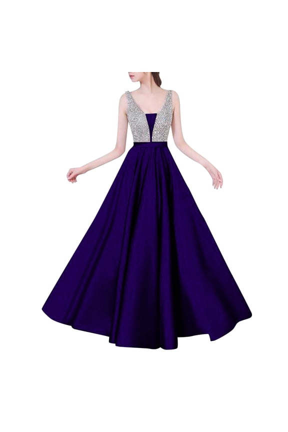 Wedding Guest Dresses for Women Fashion Evening Dresses for Wedding V-Neck Solid Party Dress Formal Swing Elegant Floral Dress Wedding Guest Purple,XL