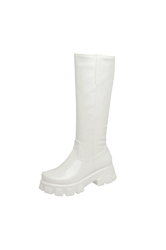 Women Boots Wide Calf Low Heel Side Zip Knee High Boots White,41