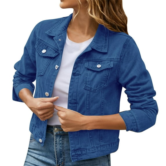 Ketyyh-chn99 Women's Denim Jackets Casual Long Sleeve Lapel Pocket Wash Old Denim Jacket Dark Blue,XL