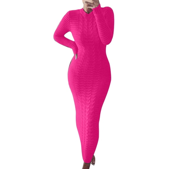 Ketyyh-chn99 Women's Knit Dresses Loose Dress Long Sleeve Knit Sweater Dress Winter Tunic Dresses Hot Pink,XL
