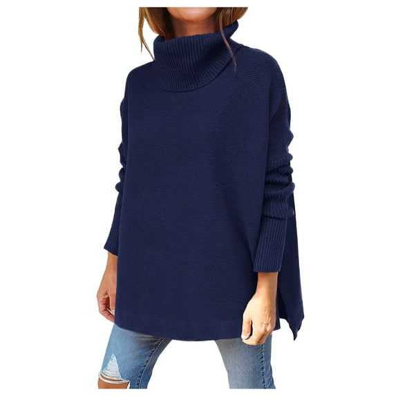 Ketyyh-chn99 Women's Oversized Turtleneck Sweaters 2023 Fall Batwing Long Sleeve Ribbed Tunic Sweater Casual Asymmetric Pullover Knit Warm Clothes for Winter Navy,S