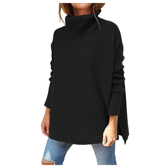 Ketyyh-chn99 Women's Oversized Turtleneck Sweaters 2023 Fall Batwing Long Sleeve Ribbed Tunic Sweater Casual Asymmetric Pullover Knit Warm Clothes for Winter Black,S
