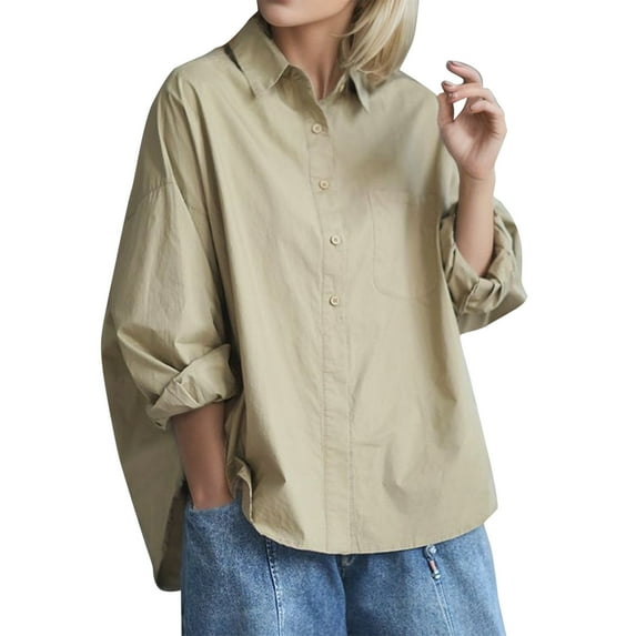 Ketyyh-chn99 Women's Shirts 2024 Button Down Shirts Blouses Vintage Colorful Top Khaki,M