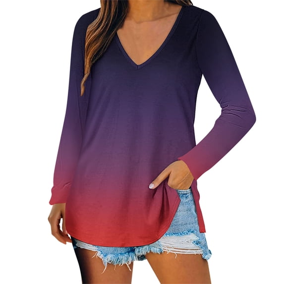 Ketyyh-chn99 Women's Tops V Neck Slim Fit Pullovers Long Sleeve Short Sleeve T Shirt Tunic Tops Tee Purple,XL