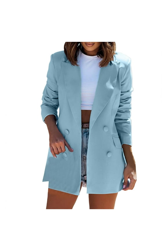 Womens Fashion Long Sleeve Button Down Blazer Jacket Coat Outwear with Pockets Sky Blue,XL