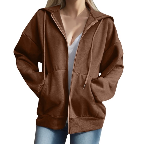 Ketyyh-chn99 Womens Hoodie Long Sleeve Lightweight Full Zip Sweatshirts Pockets Jacket Coat Coffee,2XL