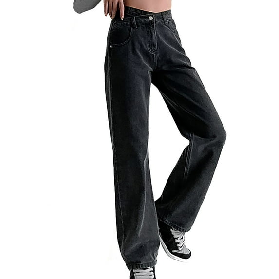 Ketyyh-chn99 Womens Jeans Solid Mid Waisted Wide Leg Pants Straight Casual Baggy Trousers Black,L