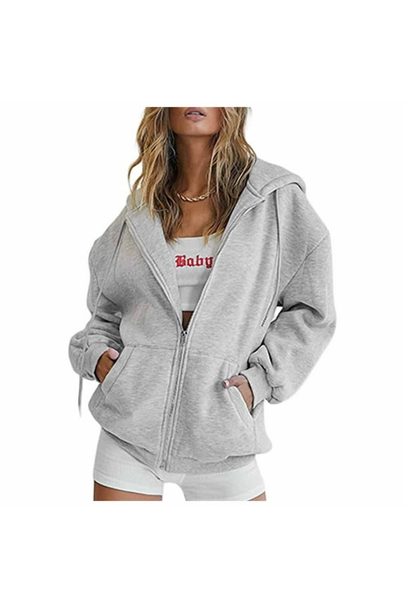 Womens Oversized Zip up Hoodie Jacket Baggy Loose Basic Zipper Hooded Sweatshirt Coat Y2K Streetwear Gray,XL