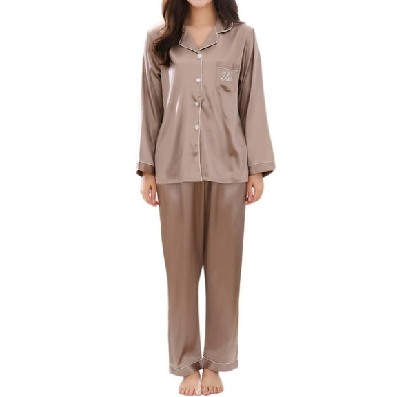 Ketyyh-chn99 Womens Pajamas Women's Satin Pajamas Set Silk Long Sleeve Sleepwear Soft Pj Set Button Down Loungewear Khaki,2XL