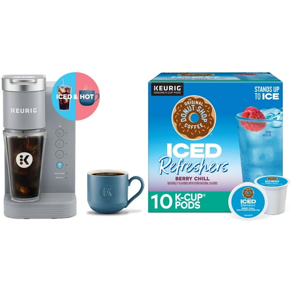 Keurig K-Iced Essentials Iced and Hot Single-Serve K-Cup Pod Coffee Maker, Gray + The Original Donut Shop, Iced Refreshers Berry Chill Flavor K-Cup Pods 10 Count