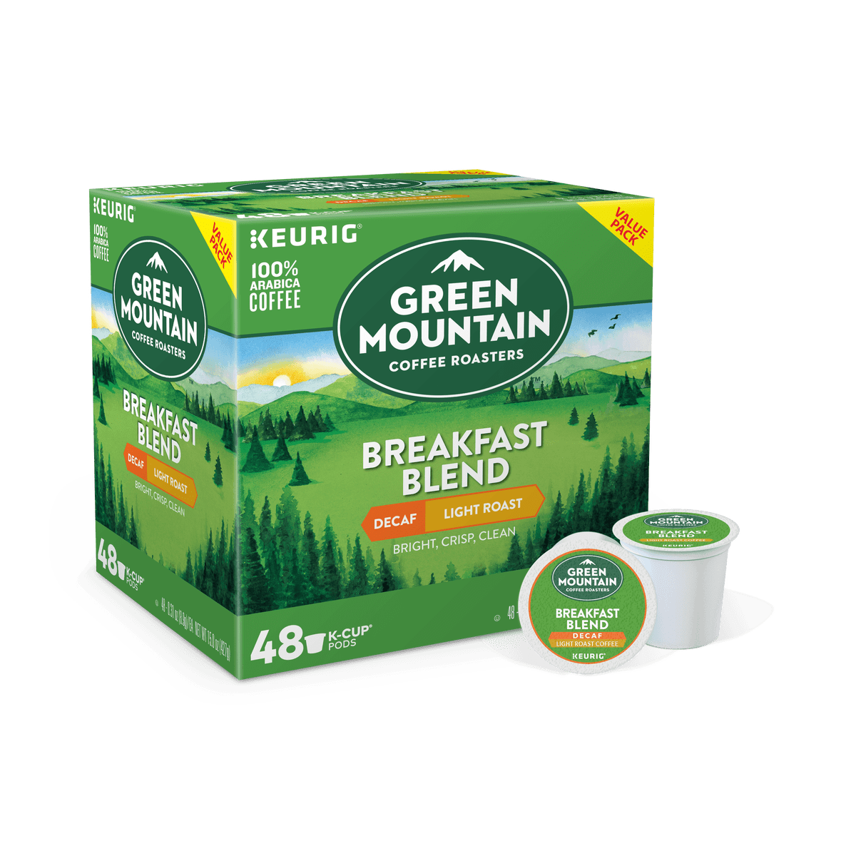 Green Mountain Coffee Roasters Breakfast Blend Decaf, Keurig K-Cup Pods, Light Roast Coffee, 48 Count