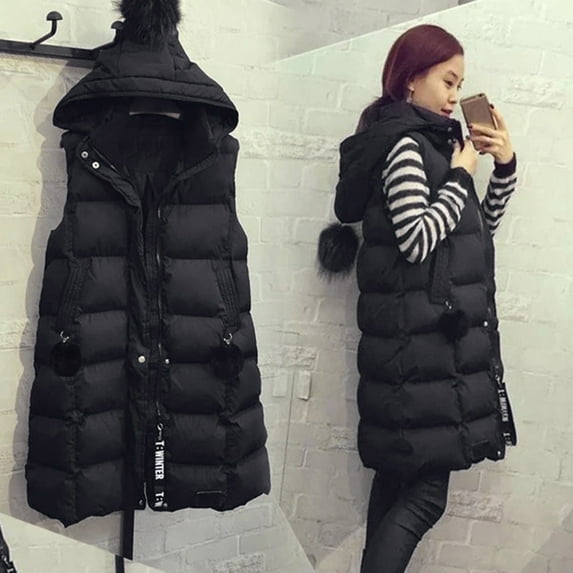 Keusn Long Hooded Puffer Black, Outerwear Vests (Women's Plus)
