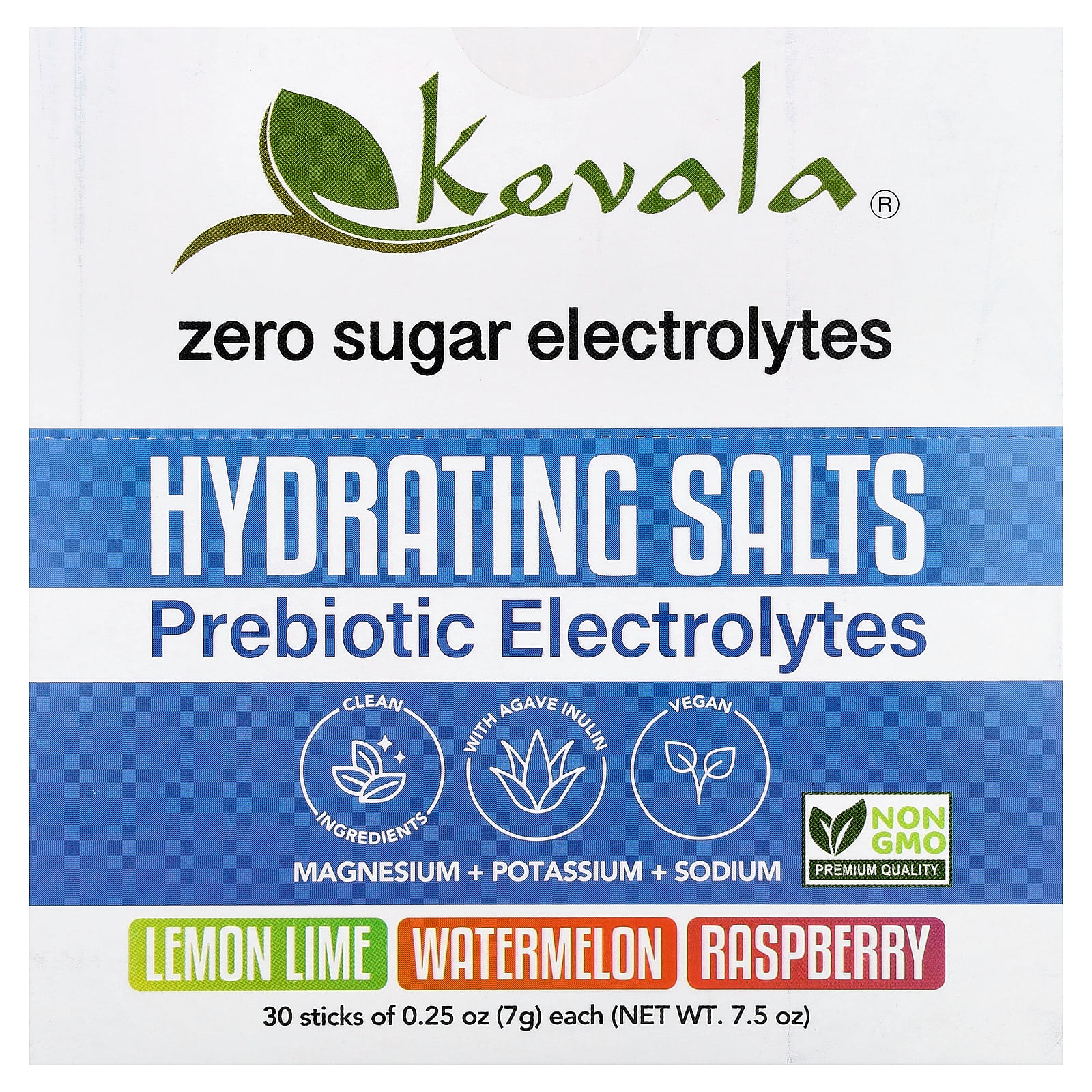 Kevala Hydrating Salts, Prebiotic Electrolytes, Variety Pack, 30 Sticks, 0.25 oz 7 g Each