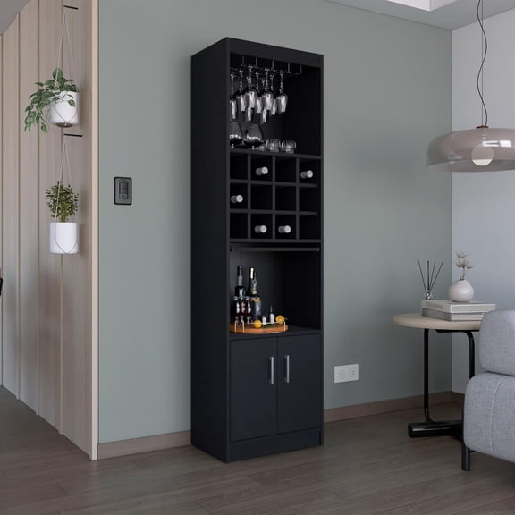 Kevil 71-Inch Tall Bar Cabinet with Pull-Out Tray, 12-Bottle Wine Cubbies, Glass Holder
