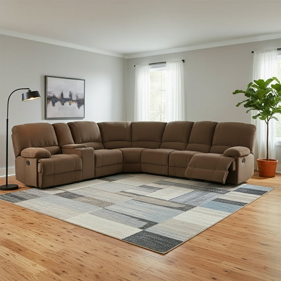 Kevin Collection Contemporary 3-Piece Upholstered Transitional Sectional Set with 4 Recliners, Storage Console, and Cup Holders, Brown