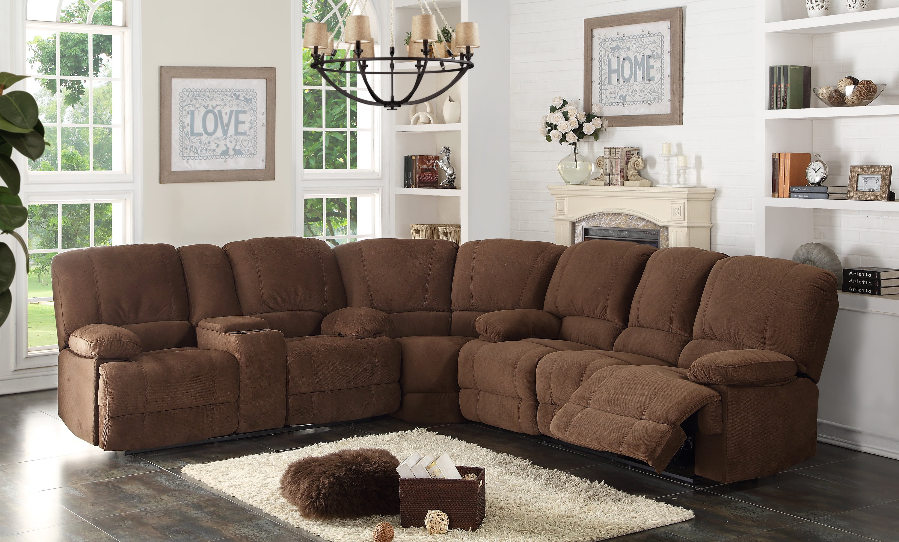 Kevin Collection Contemporary 3 Piece Upholstered Transitional Sectional Set with 4 Recliners Storage Console and Cup Holders Brown Walmart