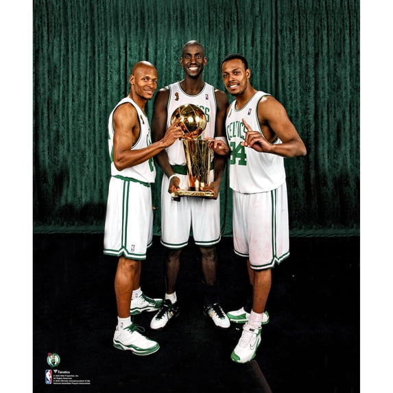 Kevin Garnett Paul Pierce and Ray Allen Boston Celtics Unsigned Larry O'Brien Championship Trophy Photograph