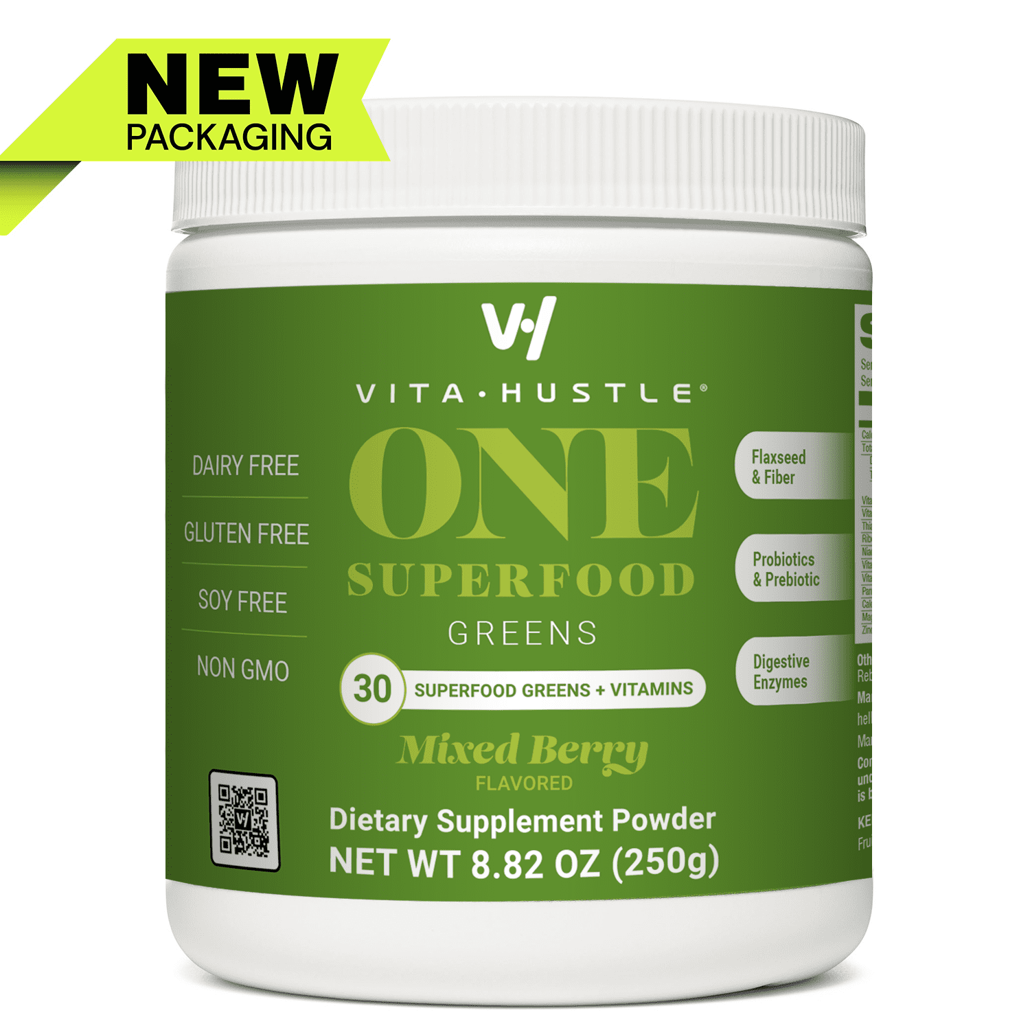 VitaHustle ONE Superfood Greens Powder, Probiotics, Mixed Berry, 25
