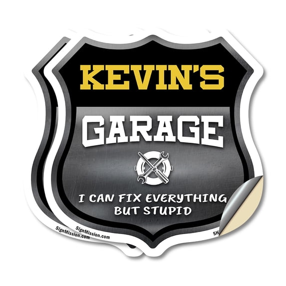Kevin's Garage I Can Fix Everything But Stupid (2 Pack) 12 inch X 12 inch Shield Shaped Heavy Duty 3.2 mil Vinyl Decals To last, Gift for Dads and Uncles Classic Americana Crafted in