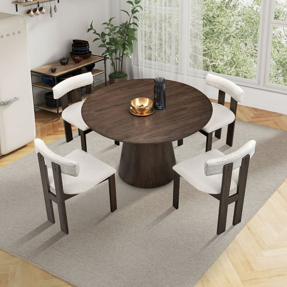 Kevinplus Wooden Modern Round Dining Table with 4 Boucle Upholstered Dining Chairs for Dining Room, Kitchen, Dark Brown