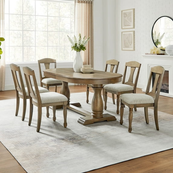 Kevinplus(1 Table+6 Chairs)Mid Century 94.06 Inch Extendable 7 PCS Wooden Dining Table Set for 6 Persons,Curved Dining Table,Modern Large Kitchen Table and Upholstered Dining Chairs for Living Room