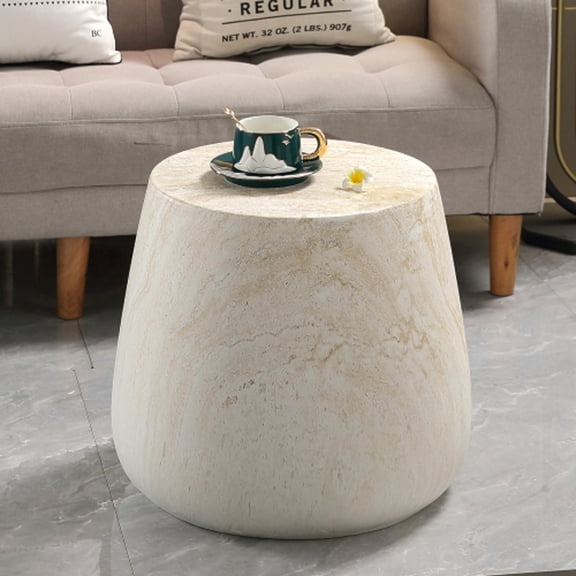 Kevinplus 15 Inch Side Table, Round End Table with Light Travertine Finish Magnesium Oxide Tapered for Small Space, Living Room