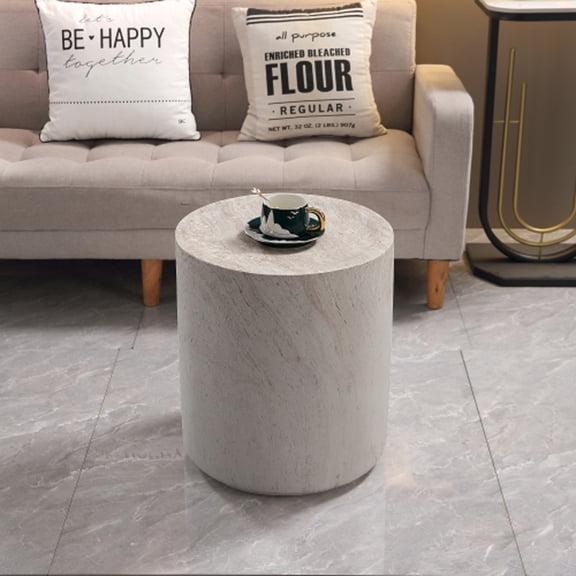 Kevinplus 16 Inch Side Table, Light Travertine Finish Magnesium Oxide Drum Round Center Table for Living Room