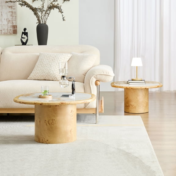 Kevinplus 2 PCS Coffee Table, Burl Wood Veneer Coffee Table, Sintered Stone Tabletop Table with Sturdy Pedestal for Living Room,Office,Walnut