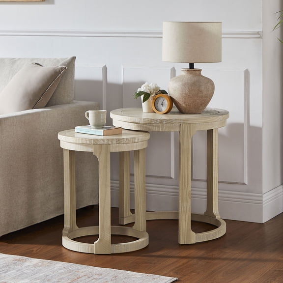 Kevinplus 2 Pcs Round Circle Wooden Coffee Table Set,Curved Traditional Side Table,End Table for Living Room, Office, Apartmen, Oak