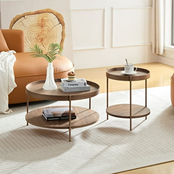 Kevinplus 2-Piece Round Coffee Table Set for Living Room Bedroom Office Balcony Yard, Walnut
