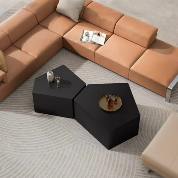 Kevinplus 2 Pieces Irregular Pentagon Nesting Coffee Table Set, Side Table Set for Living Room, Bedroom, Black