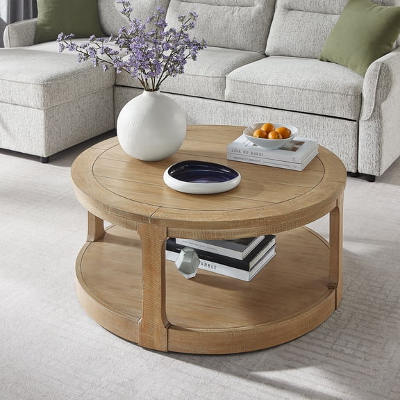 Kevinplus 2 Tier Coffee Table,Traditional Round Circle Wooden Table with Wheels for Living Room, Office, Apartment, OAK