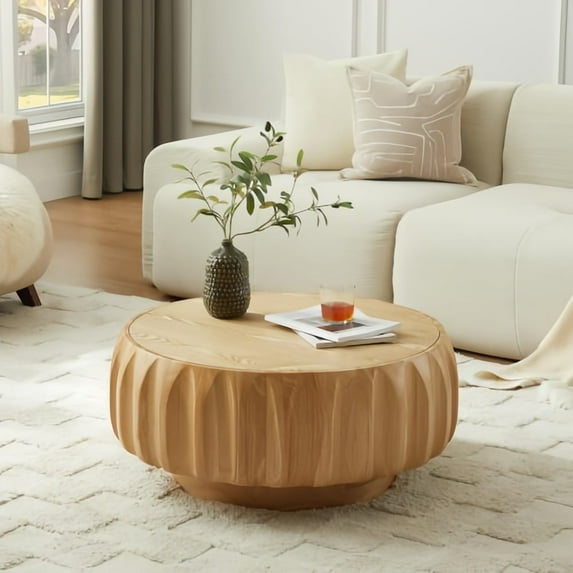 Kevinplus 31.5" Round Solid Wood Coffee Table with Sculptural Design for Living Room,Natural