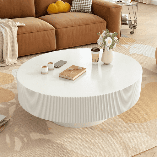 Kevinplus 31.5 inch Round Coffee Table with Sturdy Base, Modern Drum End Table for Living Room, White