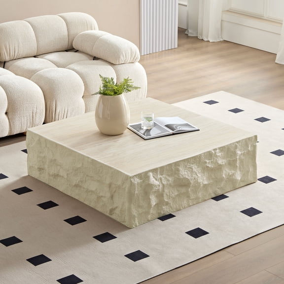 Kevinplus 35" Fiberglass Square Coffee TableModern Imitation Stone Table for Living Room, No Assembly Required