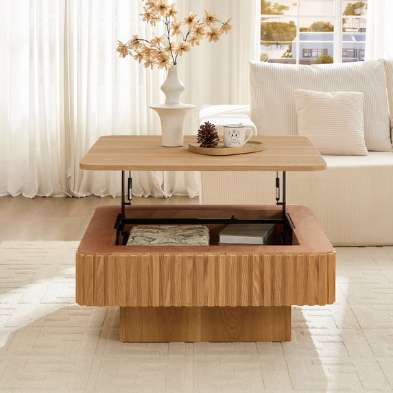 Kevinplus 35.43" Modern Handcraft Drum Coffee Table for Living Room, Lift Top Wooden Coffee Table with Hidden Storage Space, Natural
