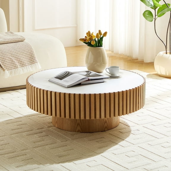 Kevinplus 35.43" Nesting Round Sintered Stone Tabletop Modern Drum Coffee Table, Luxury Circle Coffee Table for Apartment
