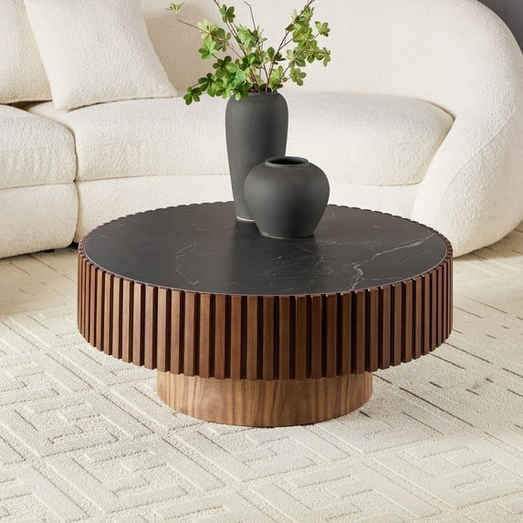 Kevinplus 35.43" Nesting Round Sintered Stone Tabletop Modern Drum Coffee Table, Luxury Circle Coffee Table for Apartment Walnut
