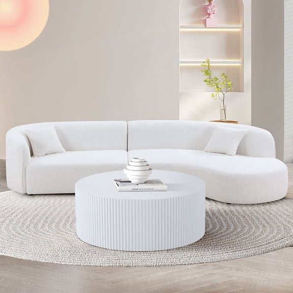Kevinplus Modern Round Coffee Table with Handcrafted Relief for Living Room, Home Office, White,35.43 inch