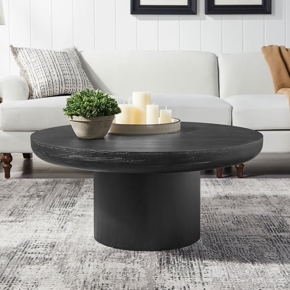 Kevinplus 35.98inch Round Coffee Table with Cylindrical Leg,Wood Veneer Tabletop Table,Rounded Sofa Side Table for living Room Office,Black