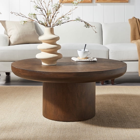 Kevinplus 35.98inch Round Coffee Table with Cylindrical Leg,Wood Veneer Tabletop Table,Rounded Sofa Side Table for living Room Office,Brown