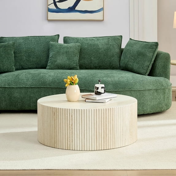Kevinplus 35" Faux Travertine Round Coffee Table with Relief Design for Living Room, Apartment