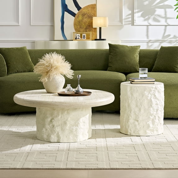 Kevinplus 35 Inch Fiberglass Round Coffee Table for Living Room Vintage Table,Imitation Stone Table front of the Sofa, Office, Apartment, No Need Assembly