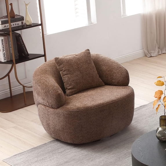 Kevinplus 360° Swivel Mid Century Modern Curved Sofa, 1-Seat Cloud couch Boucle sofa Fabric Couch for Living Room, Bedroom, Office Brown